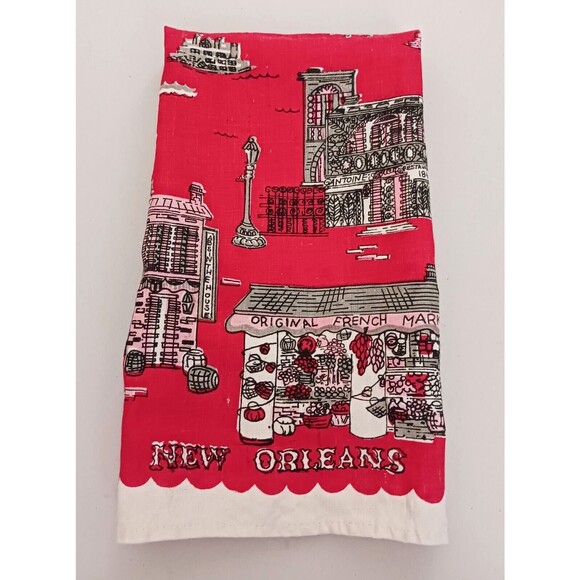 VTG S/2 Suzanne Meister Linen Tea Towels New Orleans Landmarks Red Yellow 16X28 - Picture 6 of 11